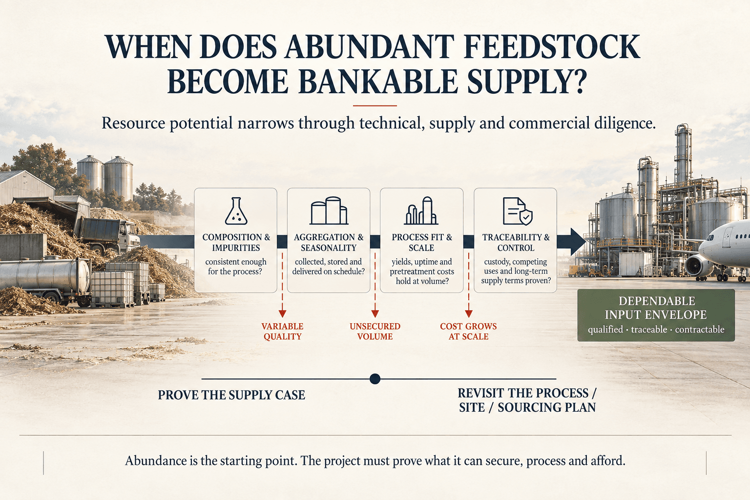 Illustration of SAF feedstock moving through collection, storage and quality checks into a process with defined operating limits.