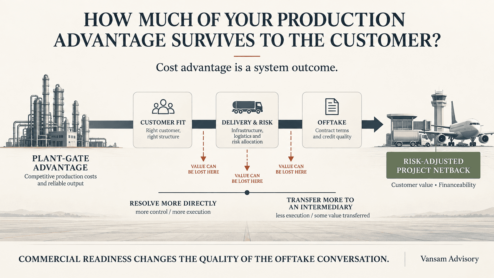 Graphical abstract showing how SAF production advantage must survive customer fit, delivery and risk allocation, and offtake terms to become risk-adjusted project netback.