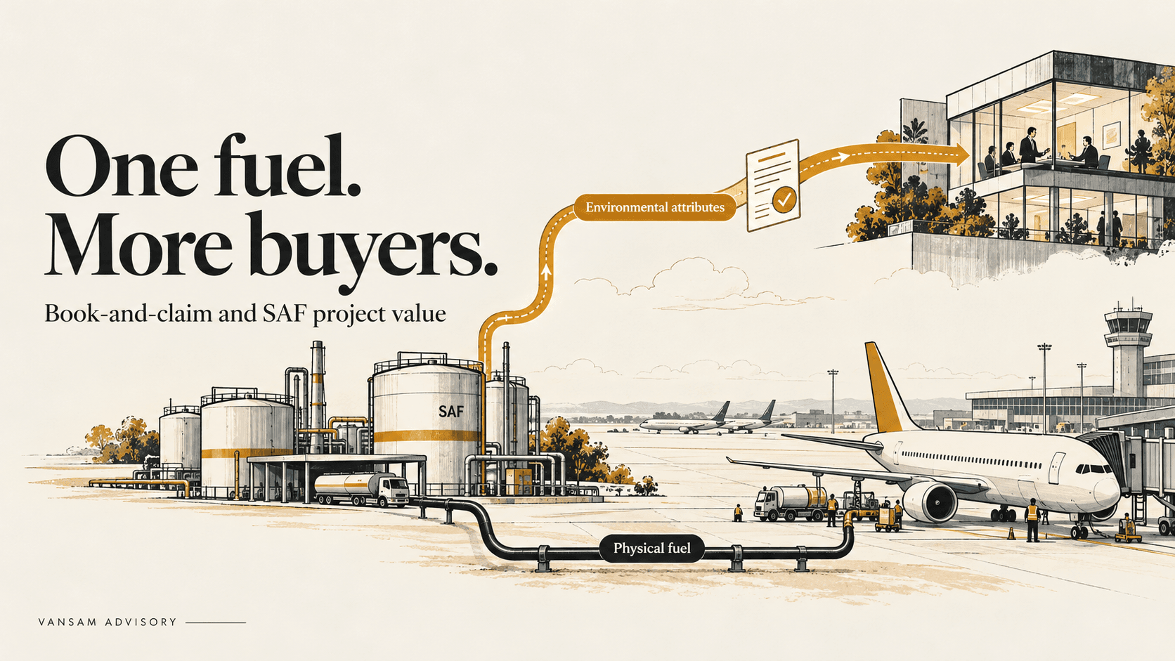 SAF terminal connected to an aircraft by a physical fuel route and to a corporate customer by a separate environmental-attribute route.